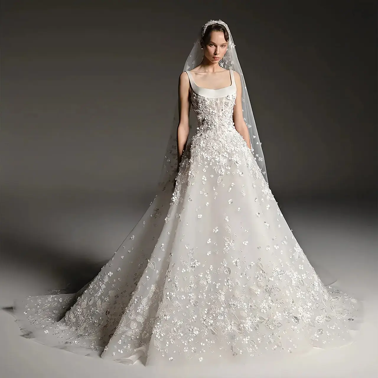 Square Neck Beaded Floral Lace Ball Gown with Veil — SW666 Ivory wedding dress, full-length front view