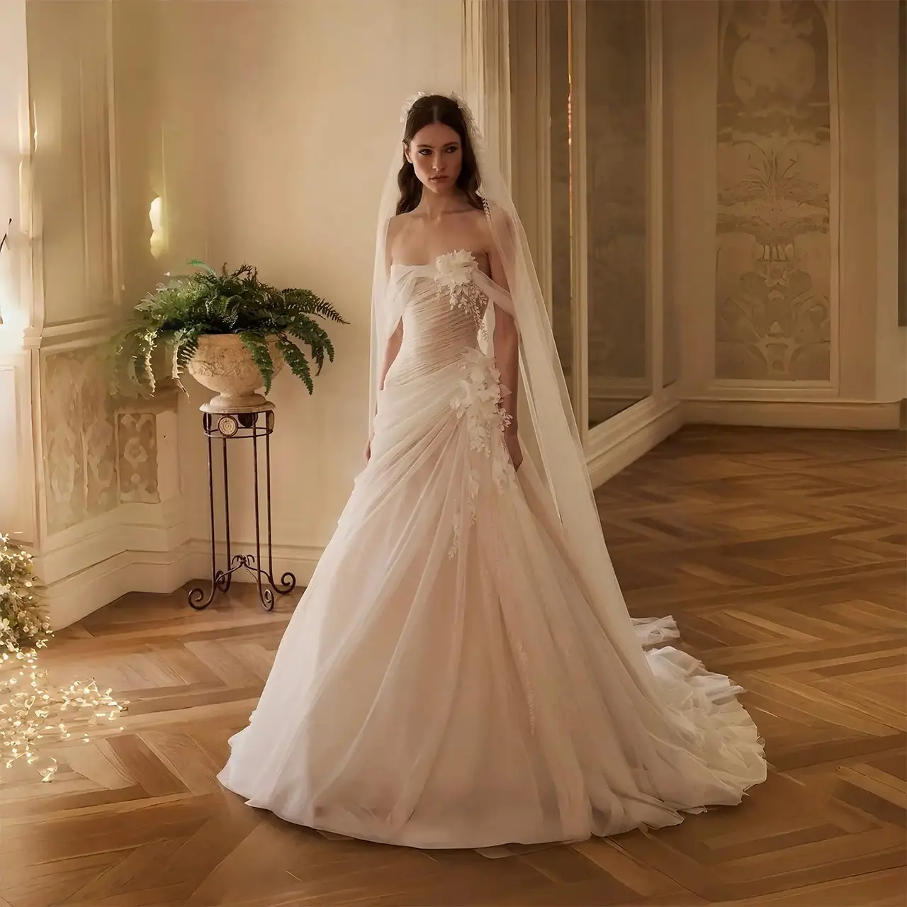 Strapless 3D Floral Draped with Veil — SW232 Ivory wedding dress, full-length front view
