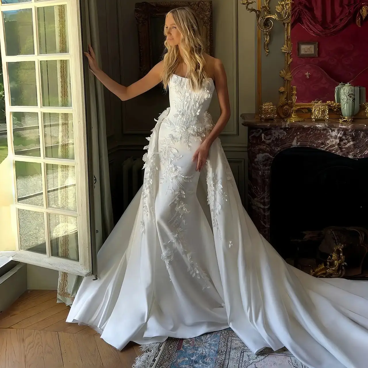 Strapless 3D Floral Lace Mermaid with Overskirt — SW222 Ivory wedding dress, full-length front view