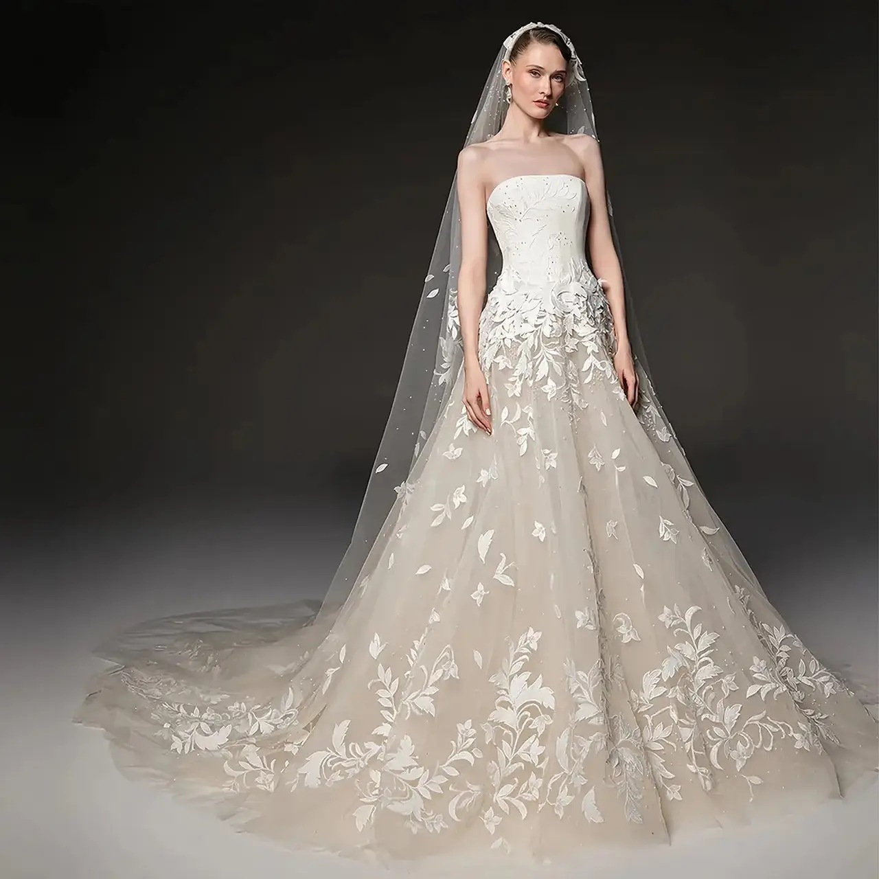Strapless Floral Lace Mermaid Train with Veil — SW665 Ivory wedding dress, full-length front view