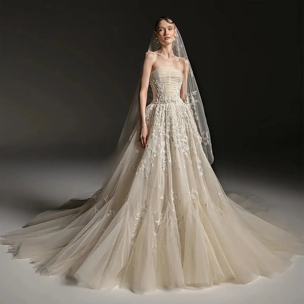 Strapless Floral Lace Tulle A-Line with Veil — SW664 Champagne wedding dress, full-length front view