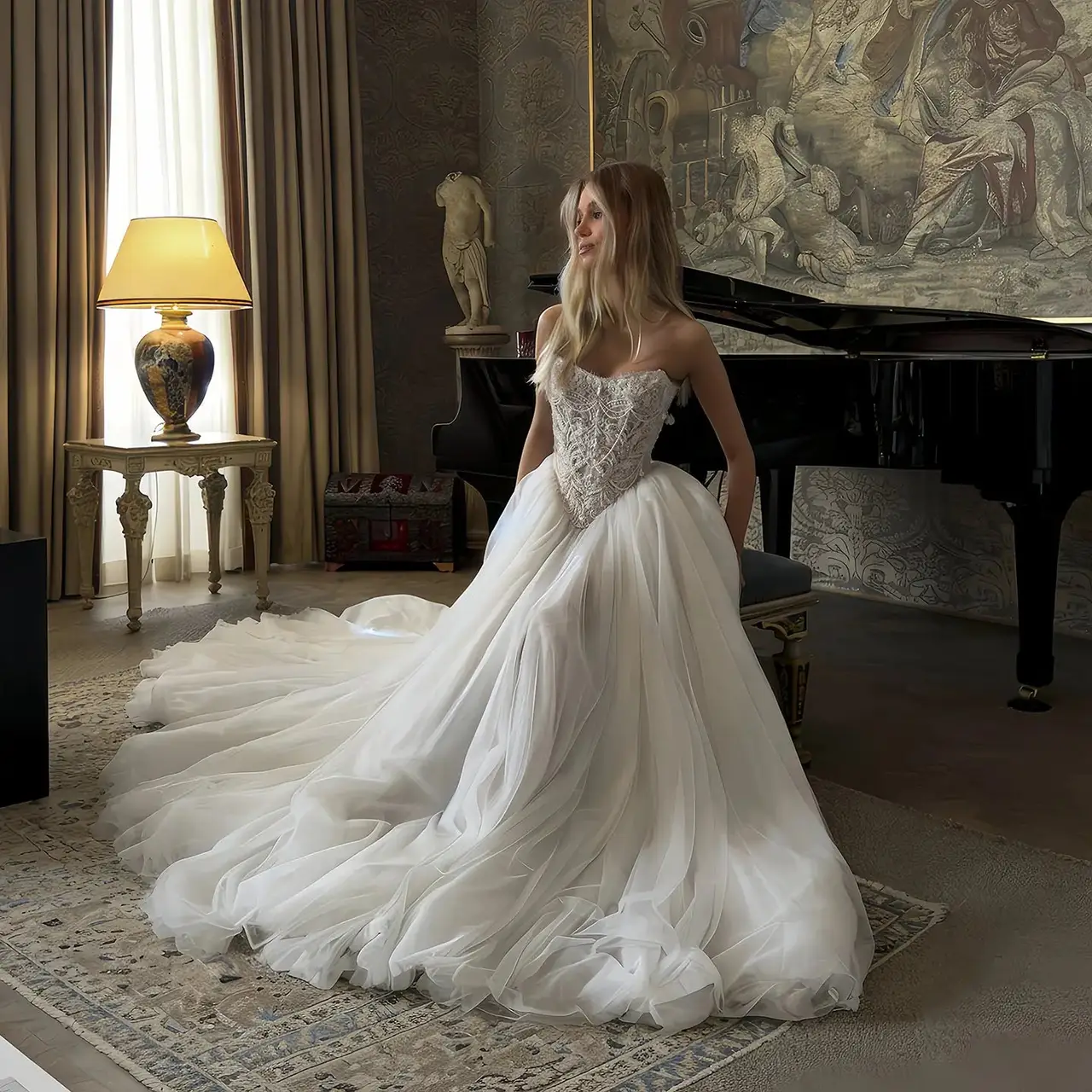 Strapless Lace Corset Ball Gown — SW217 Ivory wedding dress, full-length front view