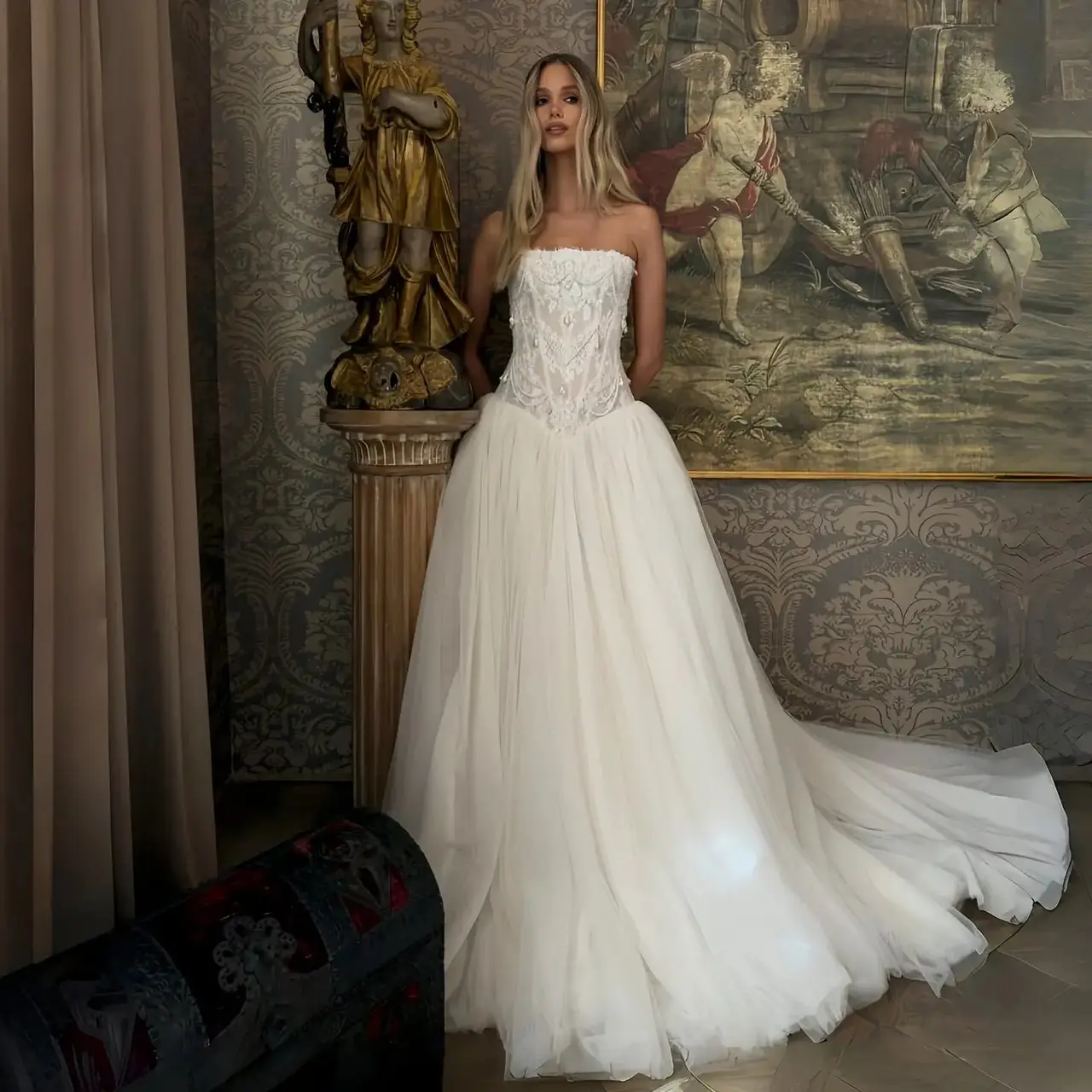 Strapless Lace Corset Bodice Tulle Ball Gown — SW224 Ivory wedding dress, full-length front view