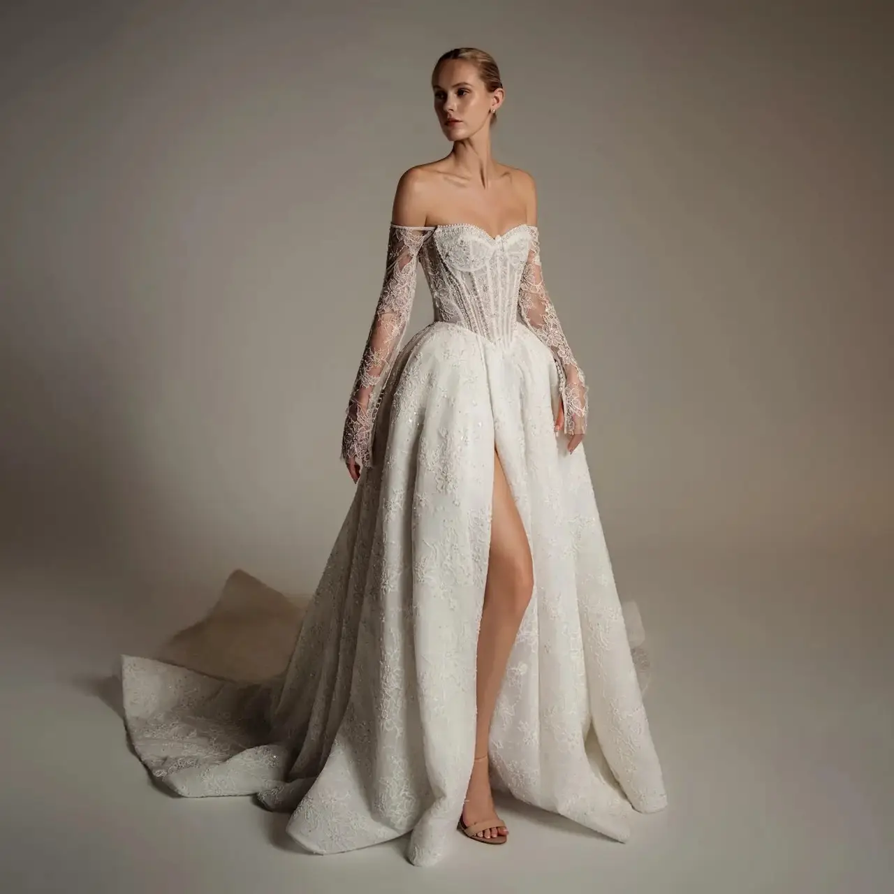 Strapless Lace High-Slit A-Line — SW165 Ivory wedding dress, full-length front view