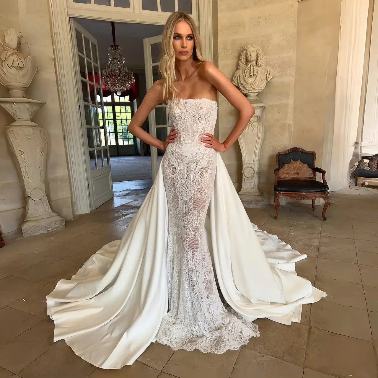Strapless Lace Mermaid with Overskirt — SW226 Ivory wedding dress, full-length front view