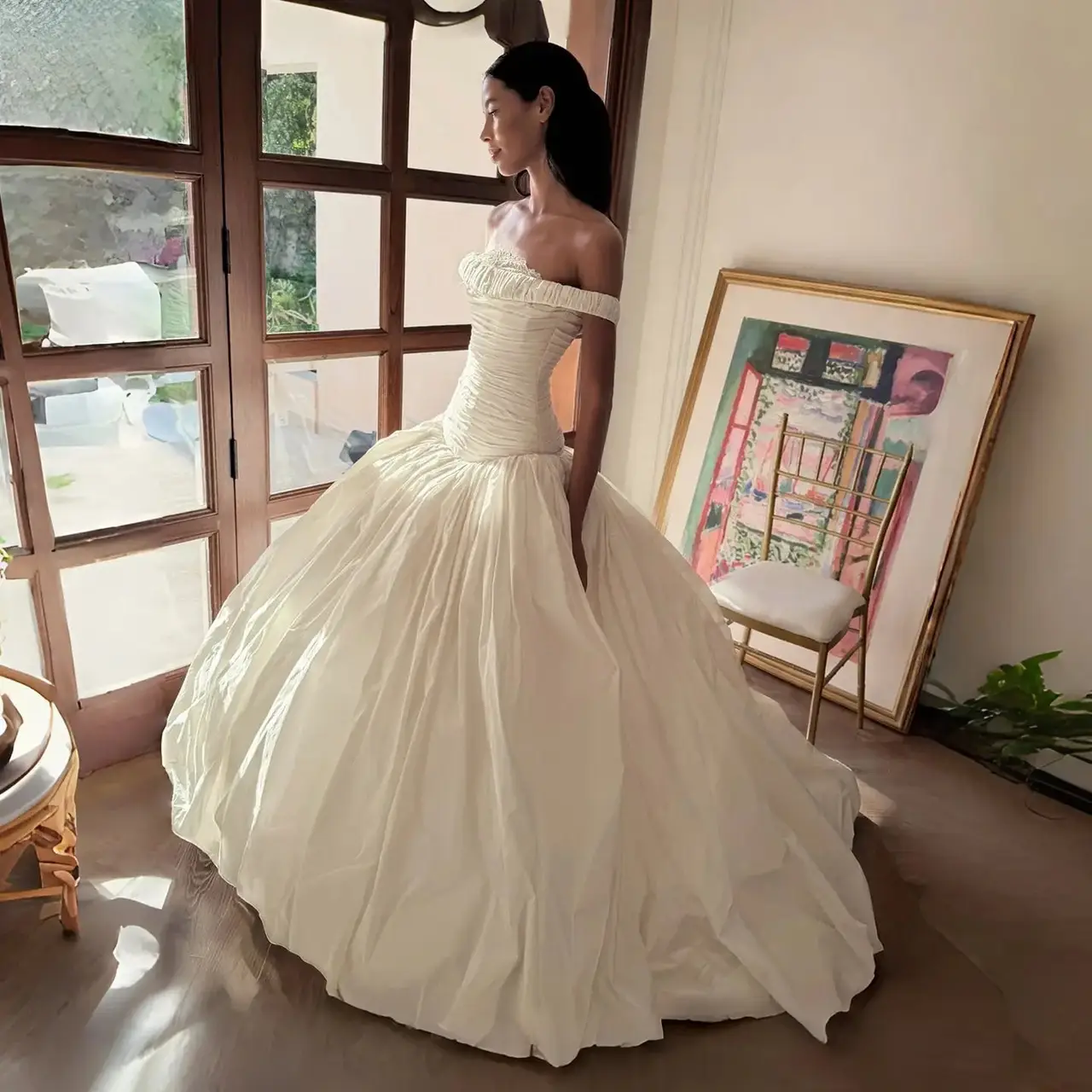 Strapless Ruched Satin Ball Gown — SW234 Ivory wedding dress, full-length front view