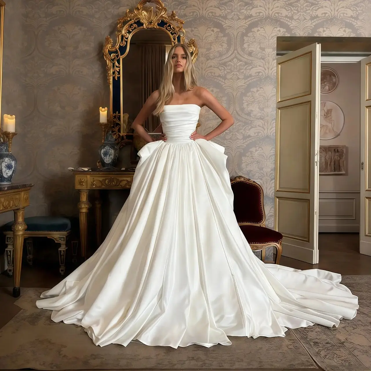 Strapless Ruched Satin Ball Gown — SW216 Ivory wedding dress, full-length front view