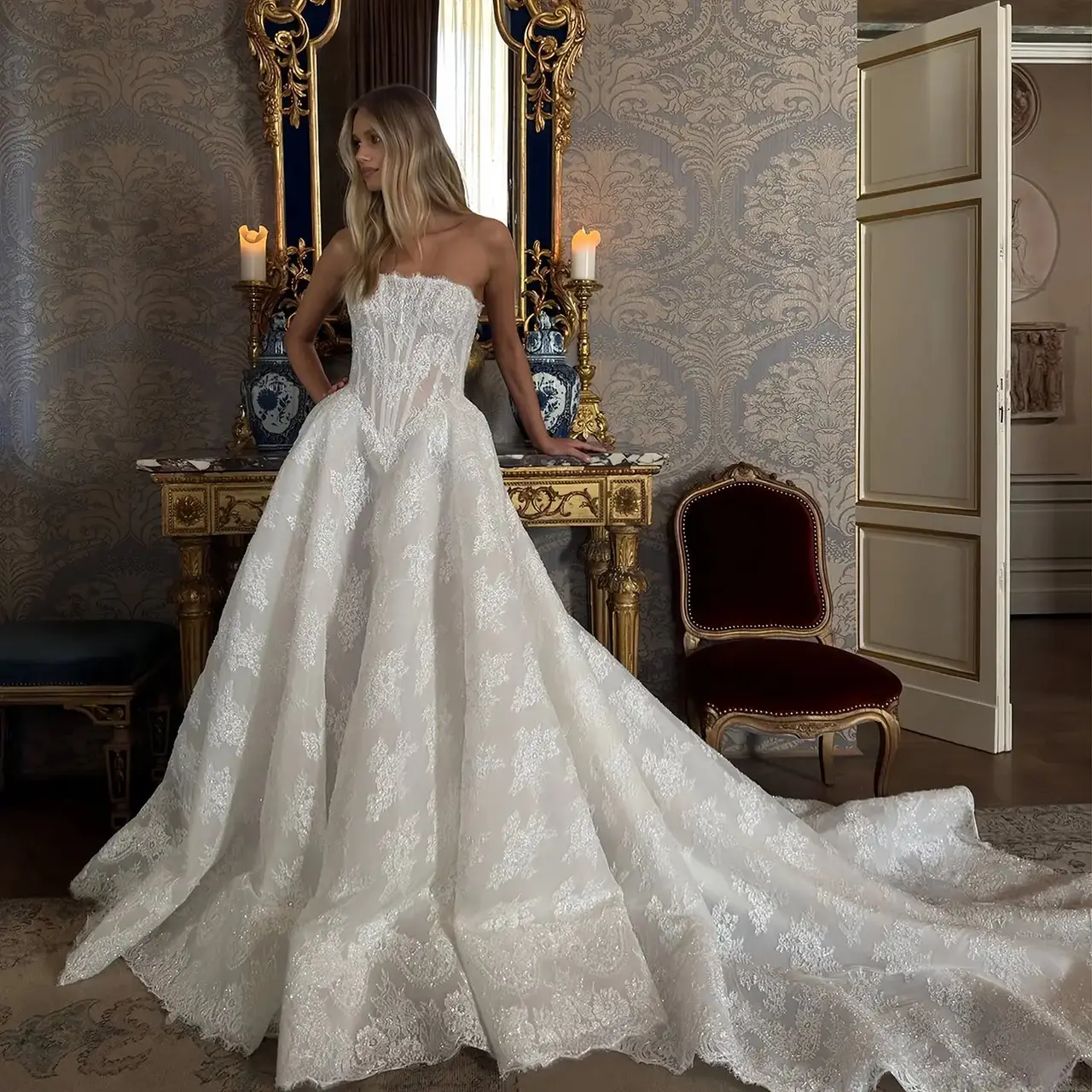 Strapless Sequin Sheer Lace Ball Gown — SW214 Ivory wedding dress, full-length front view