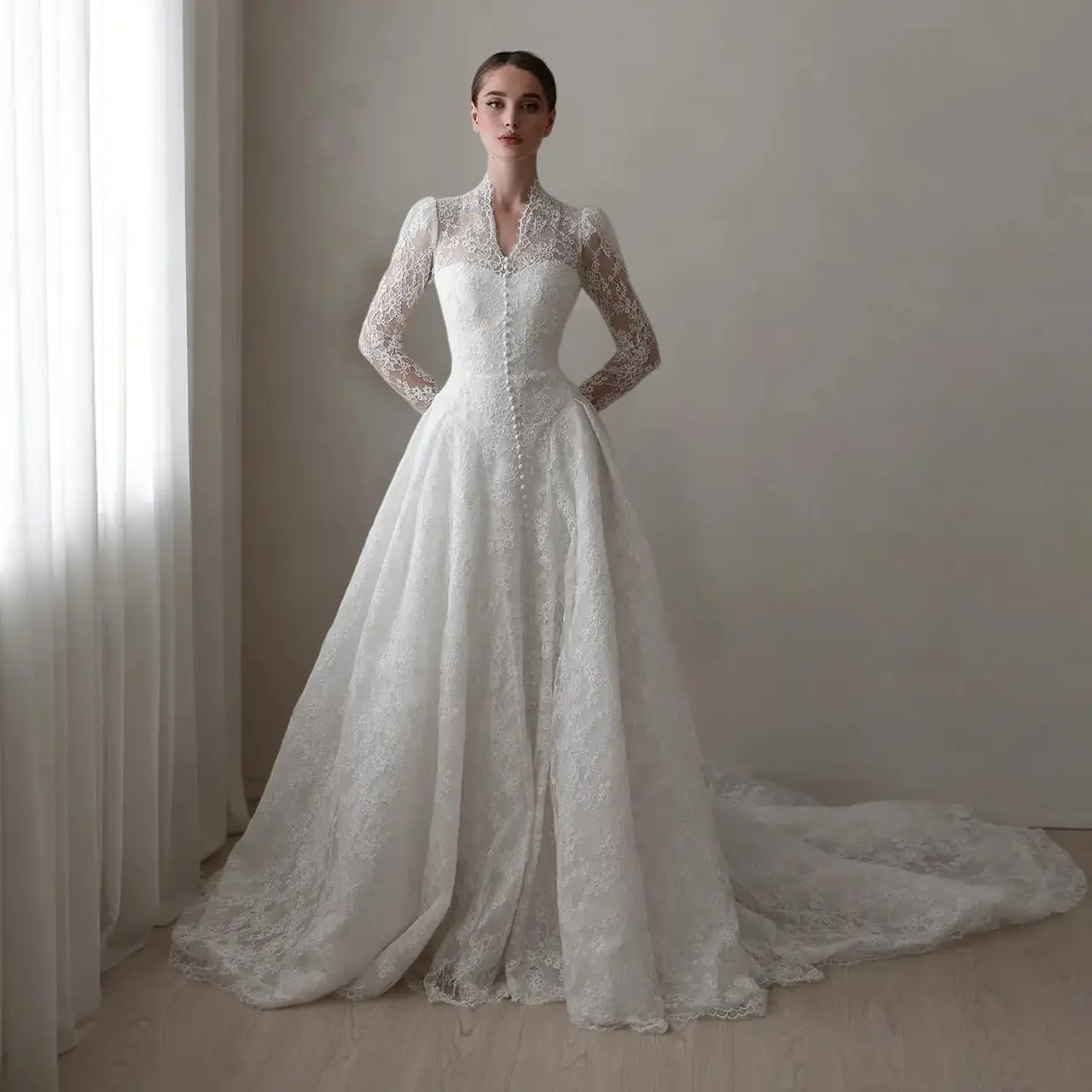 Vintag Lace High Neck Long Sleeve A-Line with Train — SW272 Ivory wedding dress, full-length front view