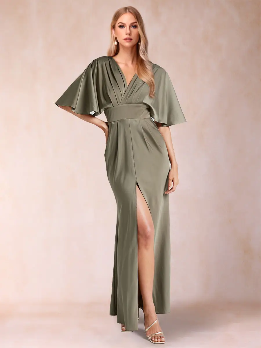 Sheath/Column V-Neck Short Sleeves Silk Satin Evening Dresses with Split Side — view 1