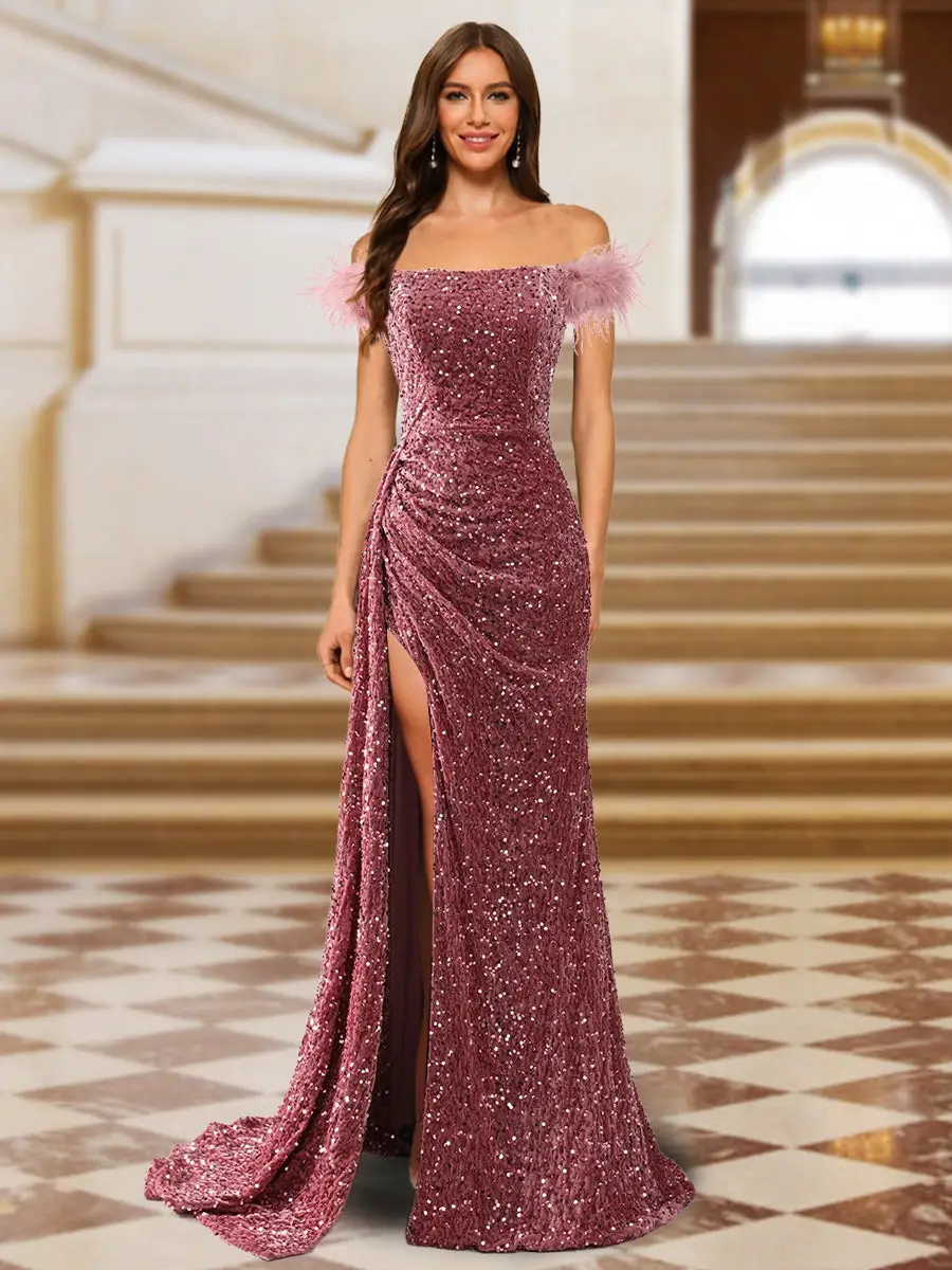 Sparkly Trumpet/Mermaid Strapless Sequined Long Evening Dresses with Split Side & Feather — view 1