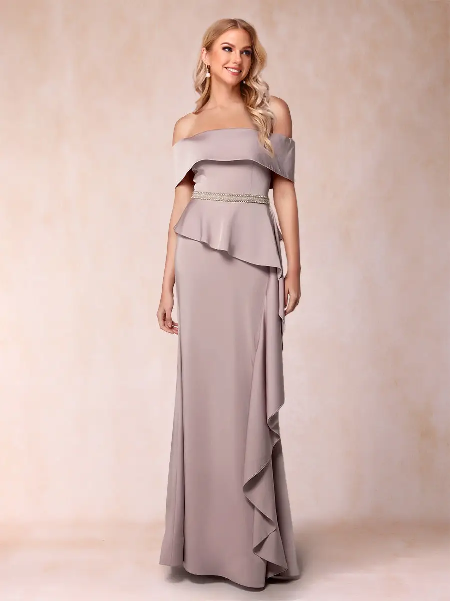 Sheath/Column Off-the-Shoulder Mother of the Bride Dresses with Rhinestone & Ruffles — view 1