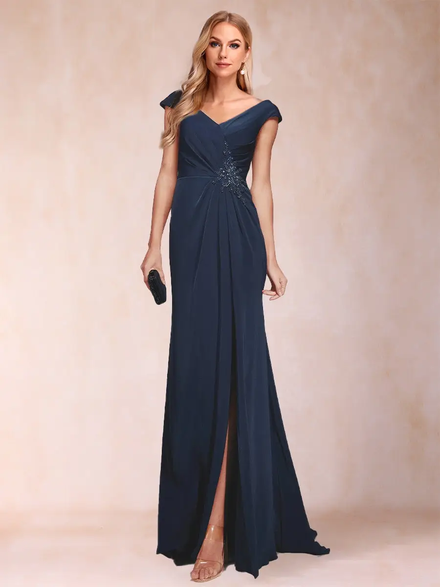 Sheath/Column V-Neck Ruched Mother of the Bride Dresses with Appliques & Split Side — view 1