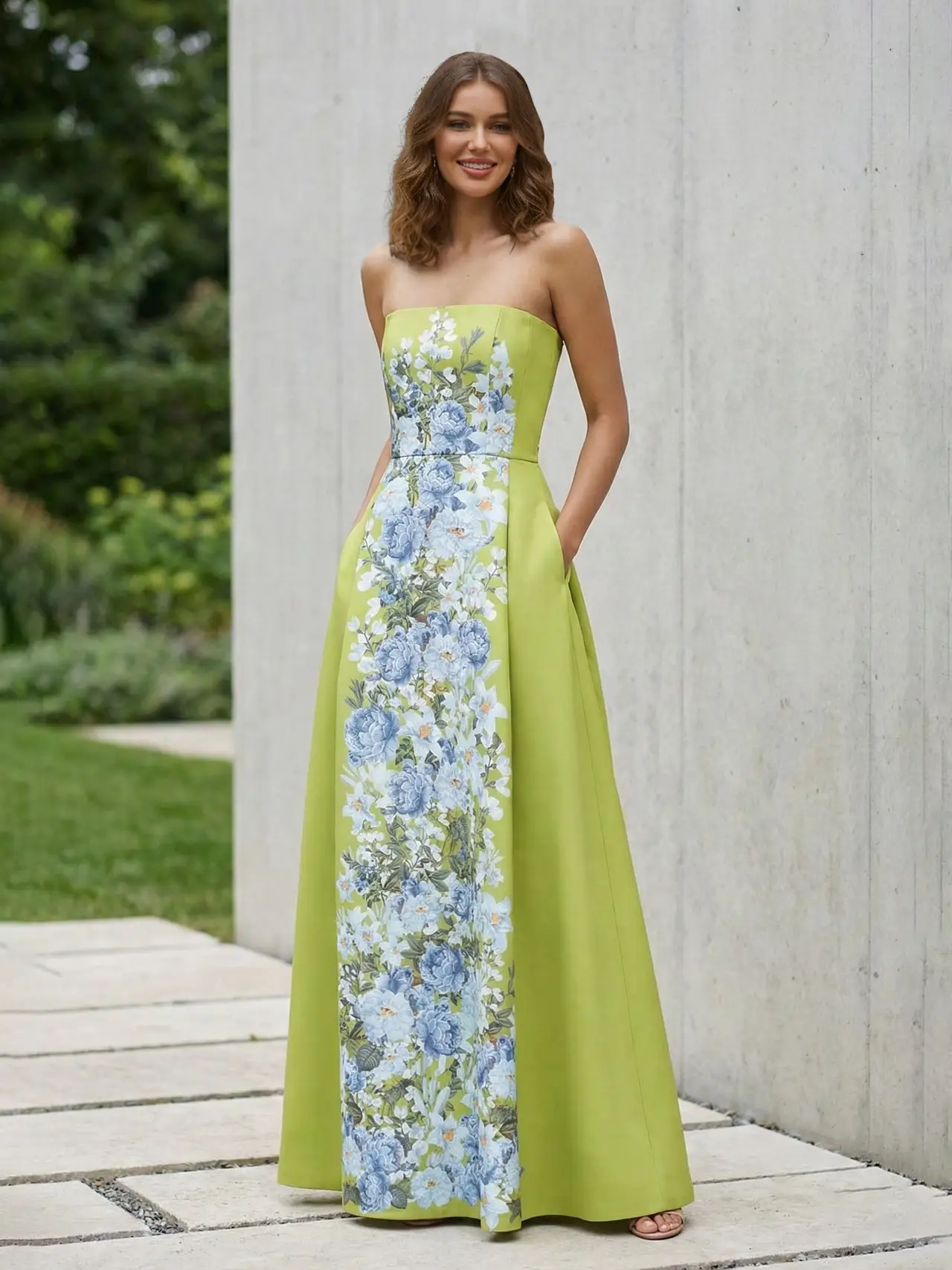 A-Line/Princess Strapless Floor-Length Prom Dresses with Floral Appliqued — view 1