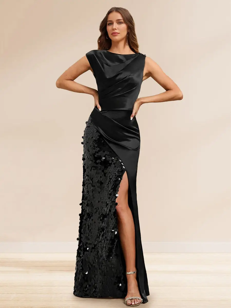 Sheath/Column Boat Neck Floor-Length Evening Dresses with Sequins & Split Side — view 1