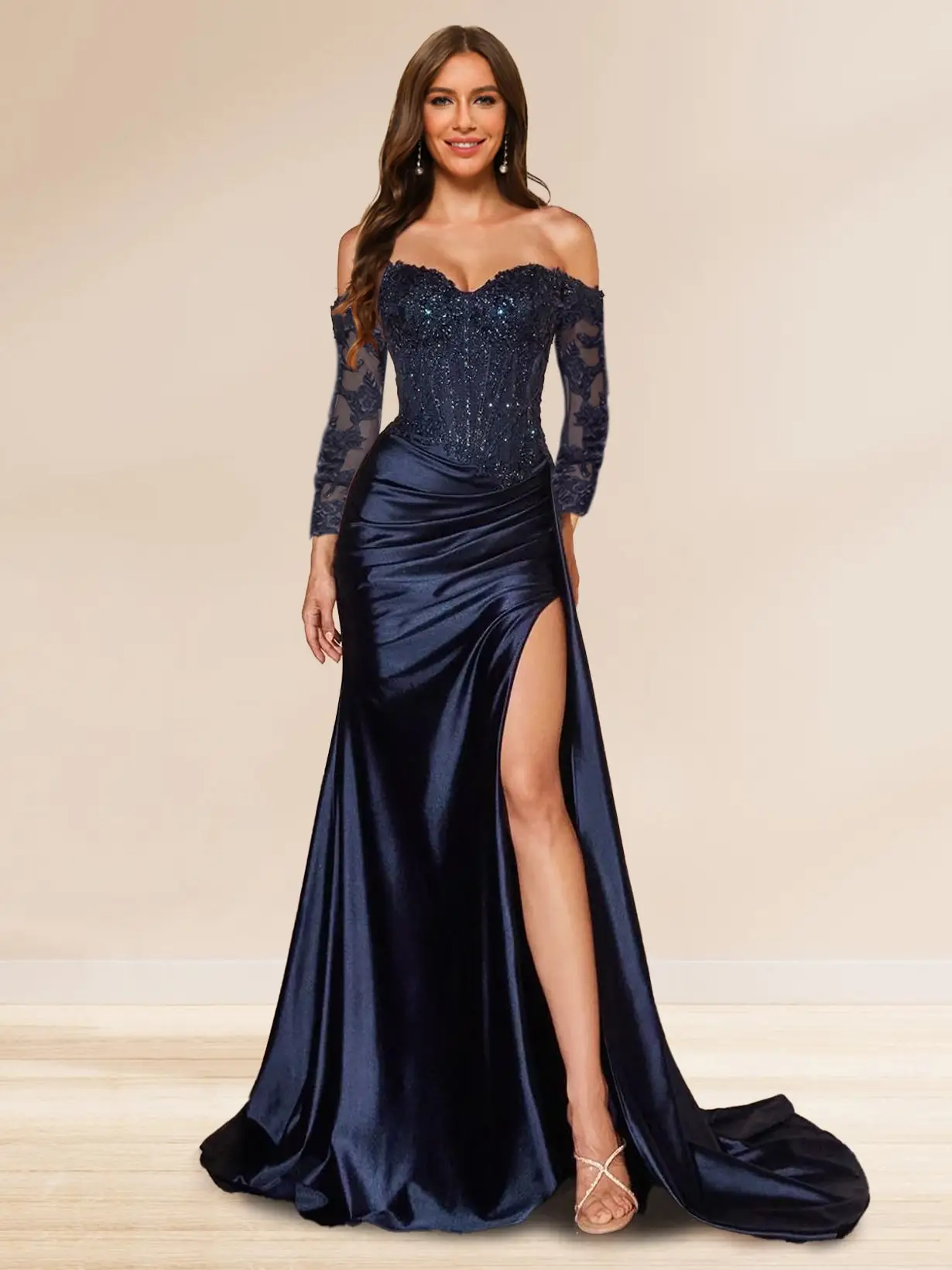 Trumpet/Mermaid Off-the-Shoulder Long Sleeves Sweep Train Sequined Evening Dresses with Split Side — view 1