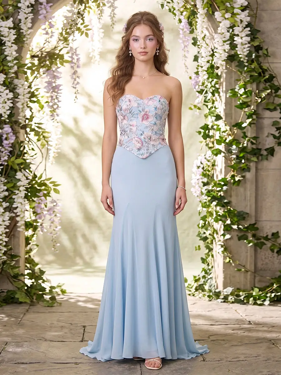 A-Line/Princess Strapless Sleeveless Floor-Length Evening Dresses with Embroidery — view 1