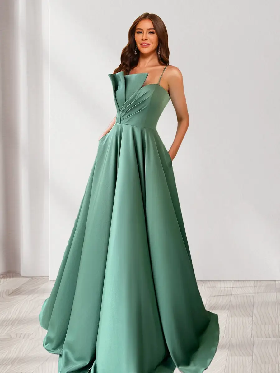 A-Line/Princess Spaghetti Straps Ruched Floor-Length Evening Dresses with Ruffles — view 1