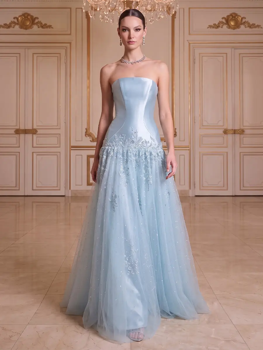 A-Line/Princess Strapless Sleeveless Floor-Length Evening Dresses with Applique & Beading — LV78949378 — view 1