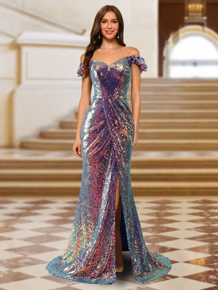 Sparkly Trumpet/Mermaid Off-the-Shoulder Long Evening Dresses with Split Side — view 1