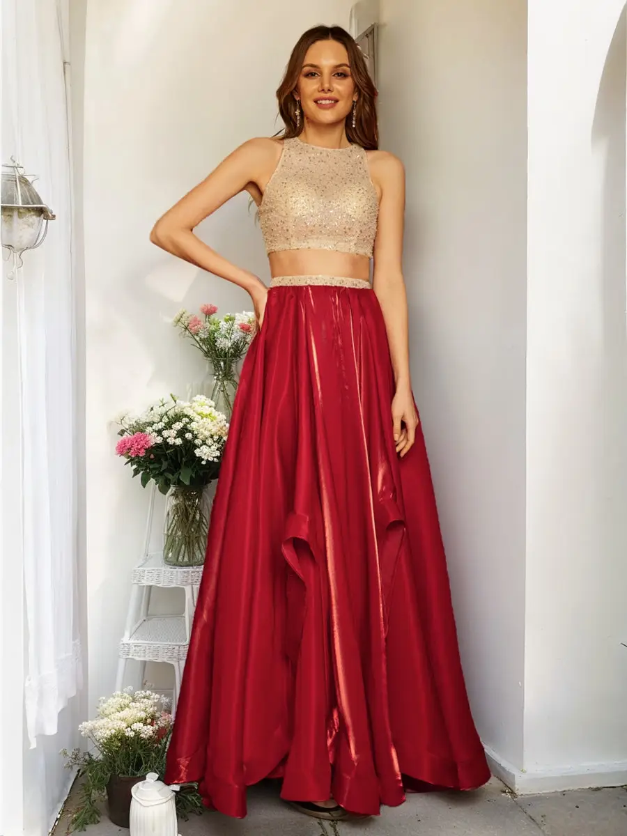 A-Line/Princess Scoop Sleeveless Sequins Two-Piece Long Prom Dresses — view 1