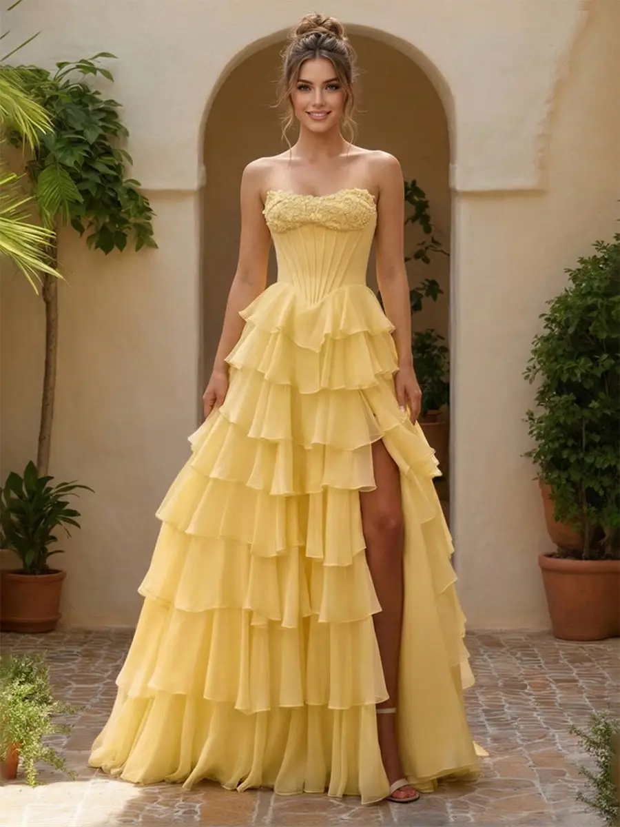 A-Line/Princess Sweetheart Ruffle Tiered Basque Waist Prom Dresses with Split Side — view 1
