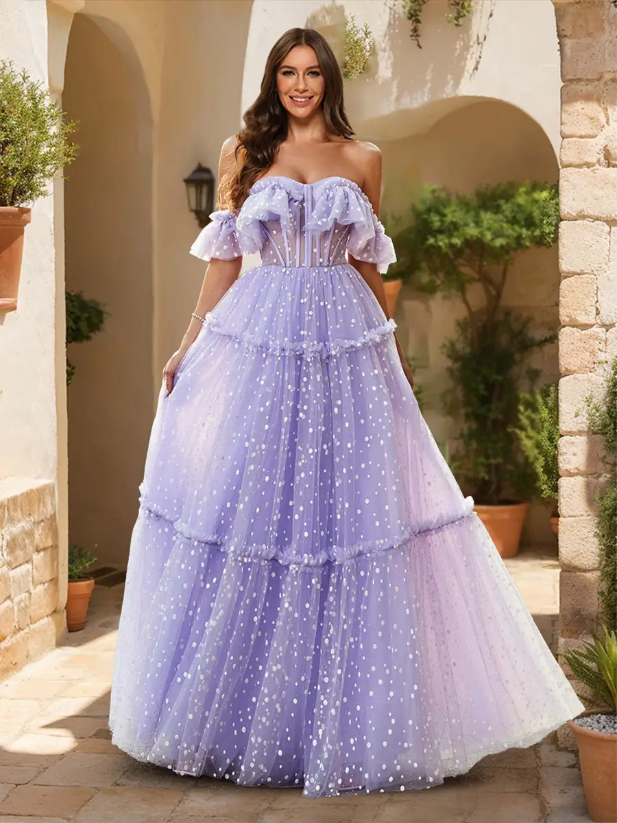 A-Line/Princess Off-the-Shoulder Sheer Corset Ruffled Tulle Prom Dresses with Polka Dots — view 1