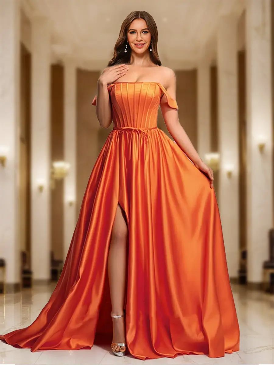 A-Line/Princess Off-the-Shoulder Long Prom Dresses with Split Side — view 1