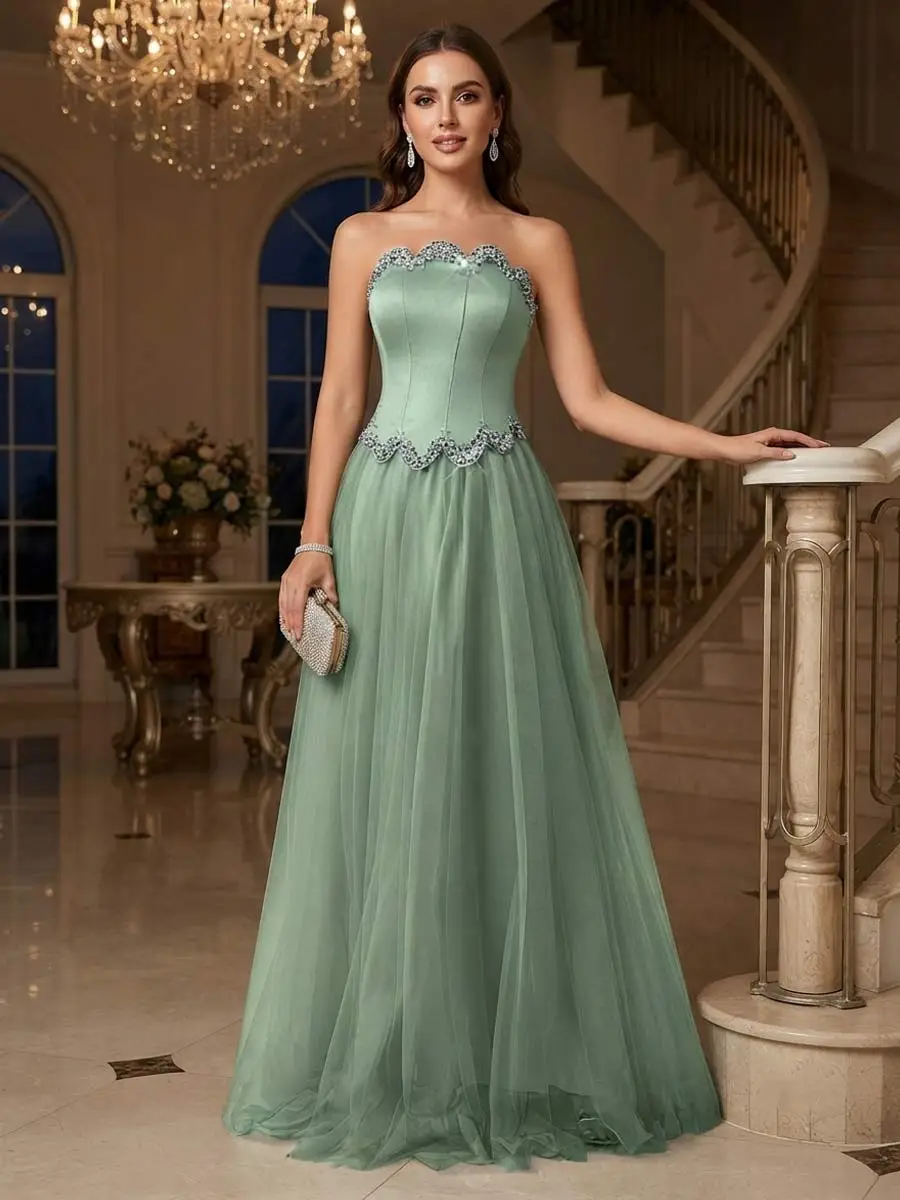 A-Line/Princess Strapless Sleeveless Floor-Length Evening Dresses with Rhinestone — view 1