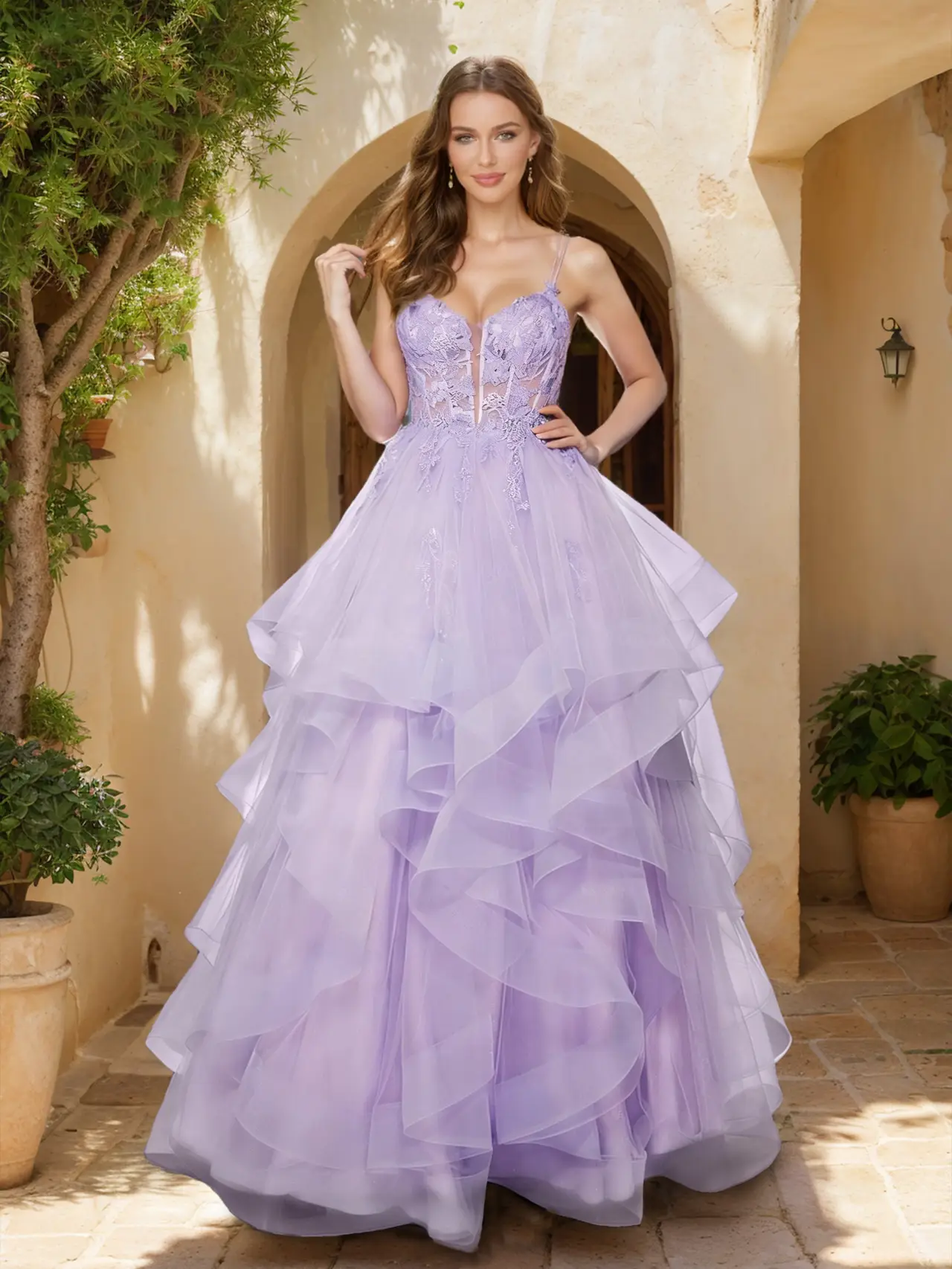Ball Gown V-Neck Sleeveless Floor-Length Tiered Prom Dresses With Appliques — view 1
