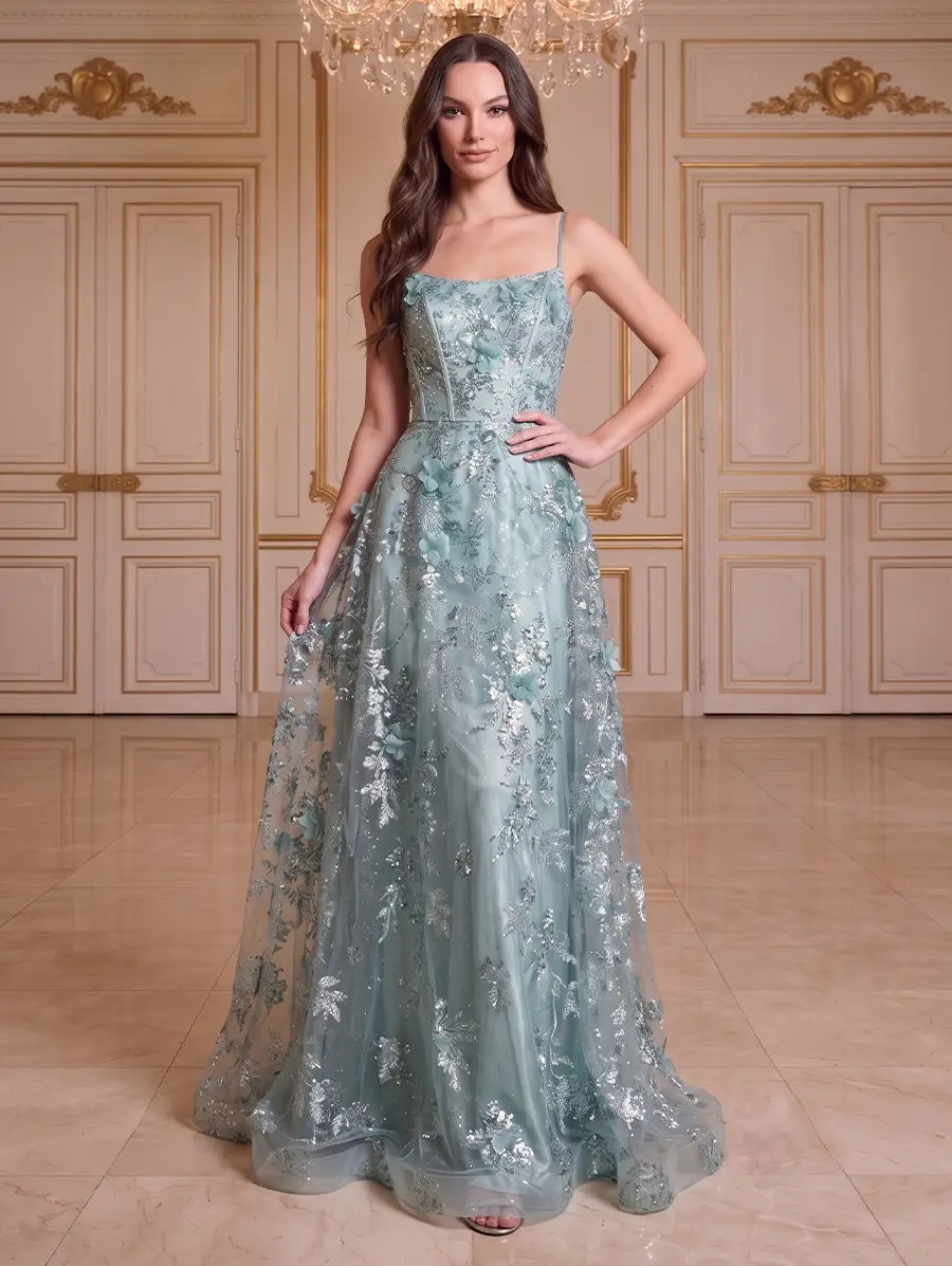 A-Line/Princess Spaghetti Straps Sleeveless Floor-Length Evening Dresses with Applique — view 1