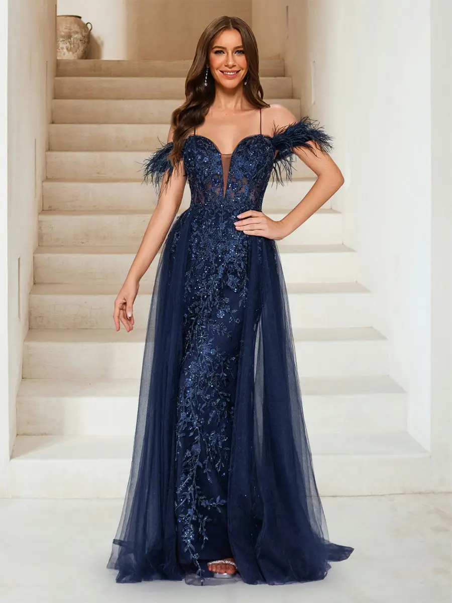 Sheath/Column Off-the-Shoulder Spaghetti Straps Maxi Tulle Evening Dresses with Feathers & Appliques — view 1