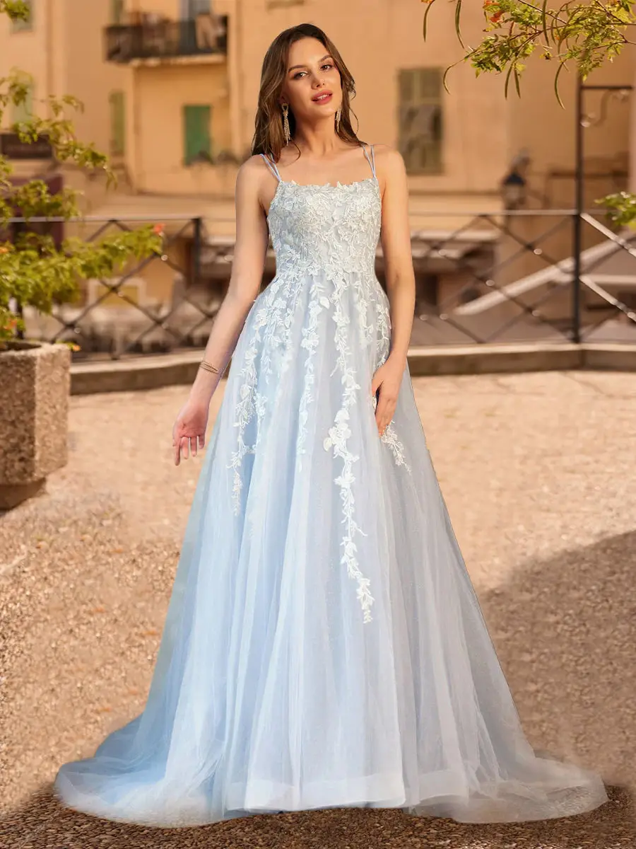 A-Line/Princess Tulle Spaghetti Straps Applique Long Prom Dresses — view 1