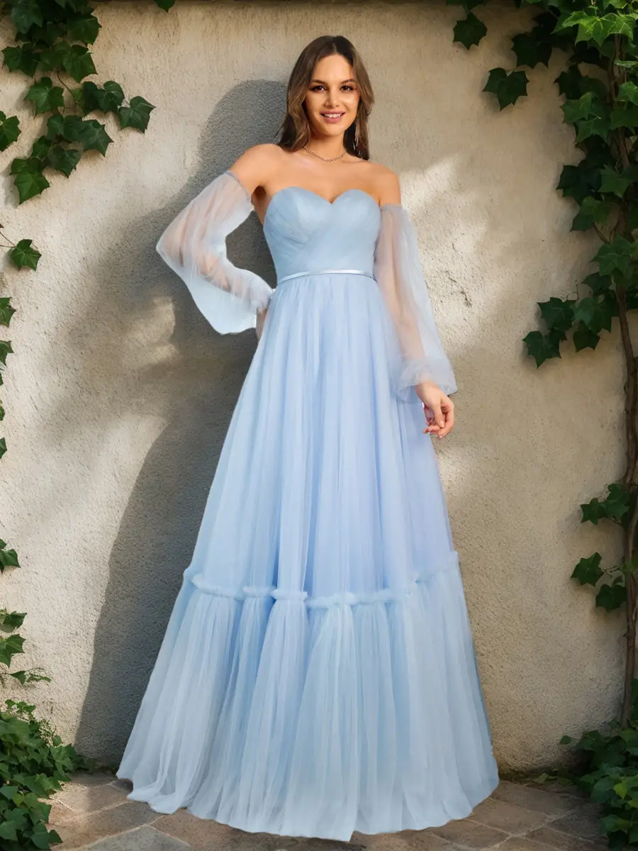 A-Line/Princess Tulle Sweetheart Long Prom Dresses with Belt — view 1