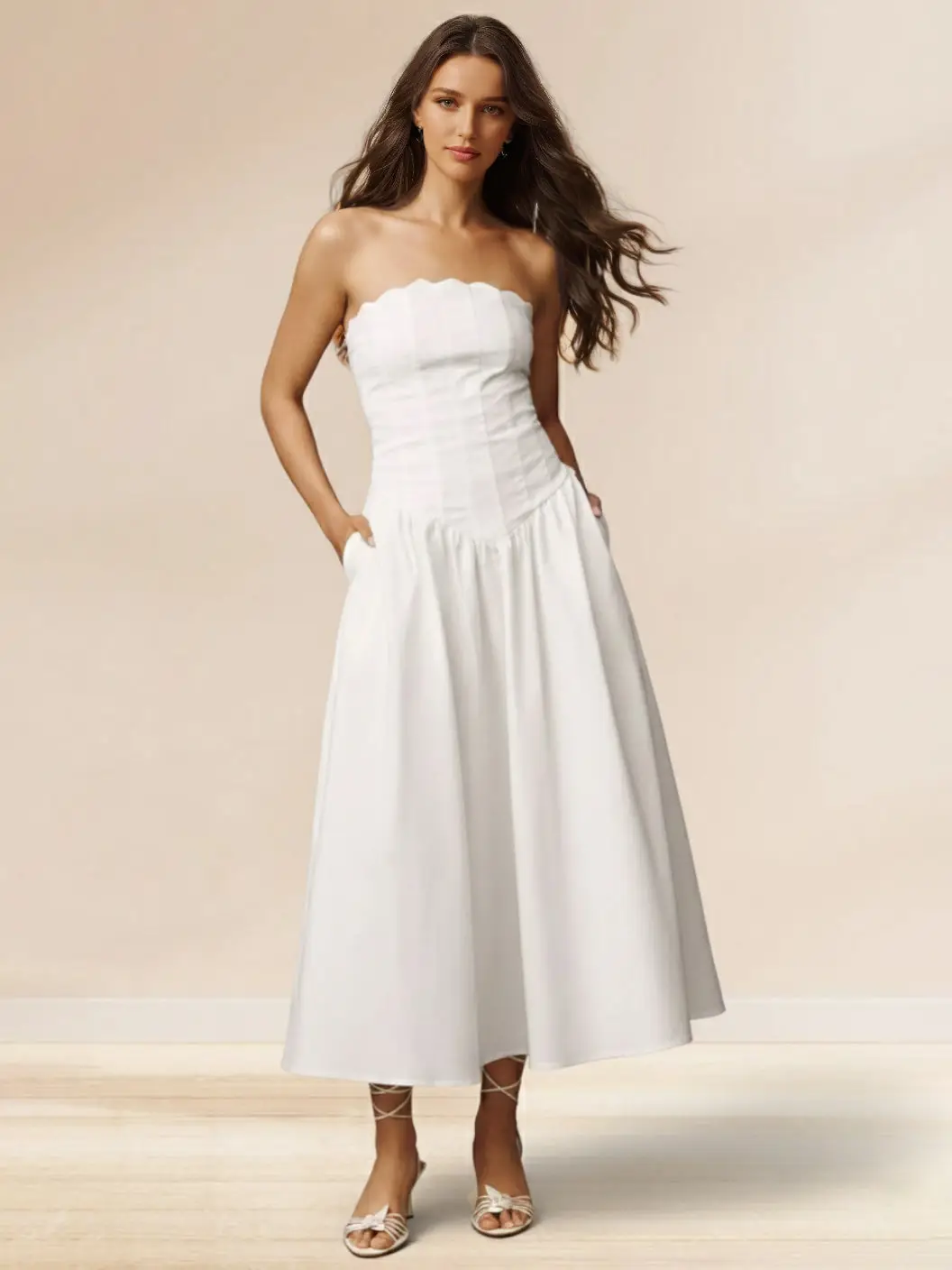 A-Line/Princess Strapless Sleeveless Basque Waist Prom Dresses with Pocket — view 1
