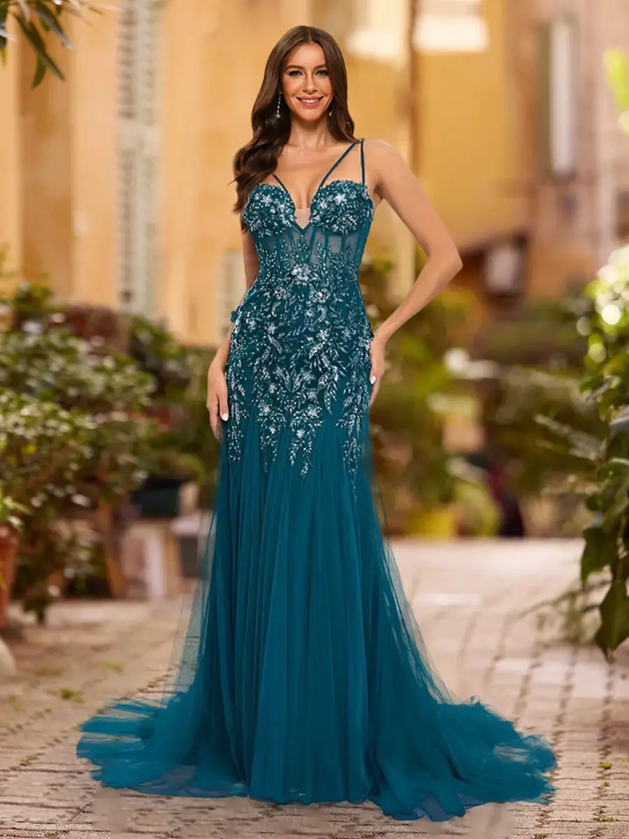 Sheath/Column V-Neck Sleeveless Applique Prom Dresses — view 1