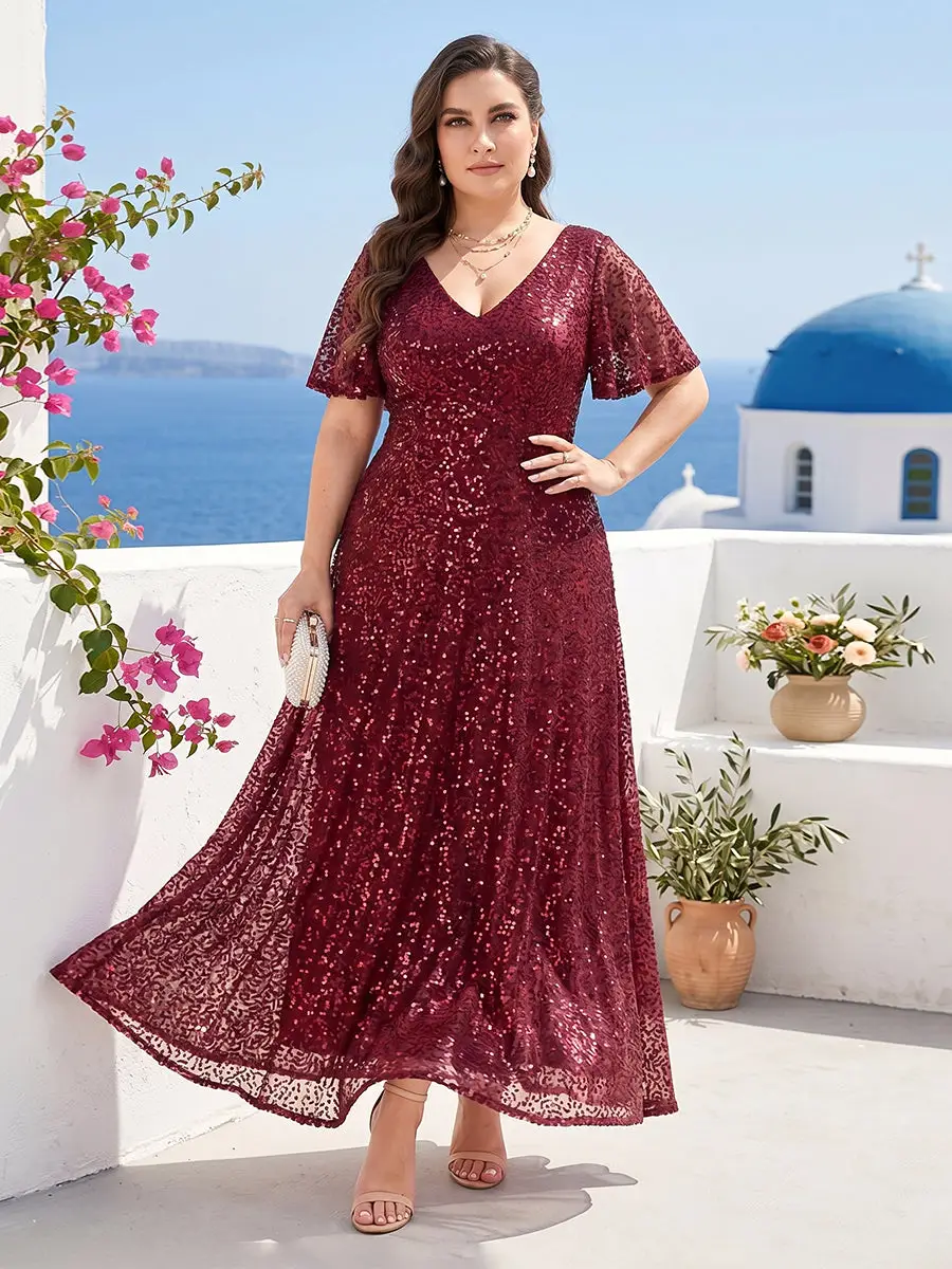 A-Line/Princess V-Neck Sequins Plus Size Mother of the Bride Dresses — view 1