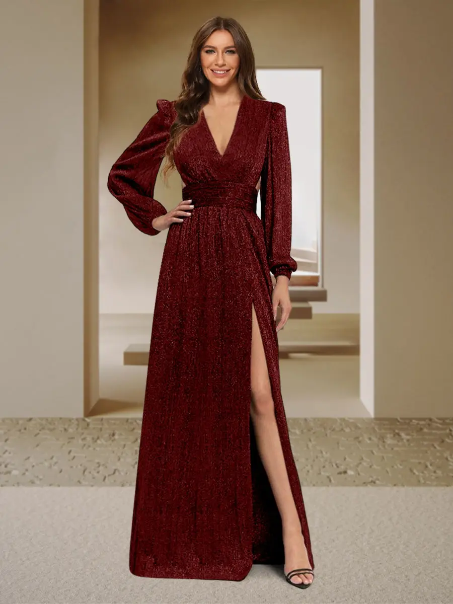 A-Line/Princess V-Neck Long Sleeves Floor-Length Evening Dresses with Split Side — view 1