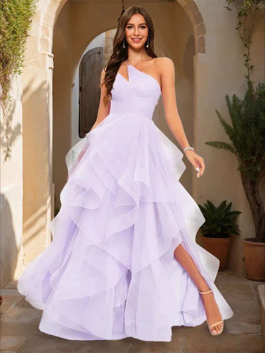 Ball Gown One-Shoulder Sleeveless Tiered Prom Dresses — view 1