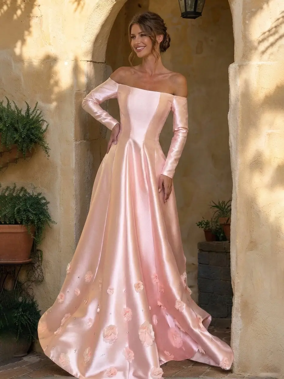 A-Line/Princess Strapless Long Sleeves Prom Dresses with 3D Flowers — view 1