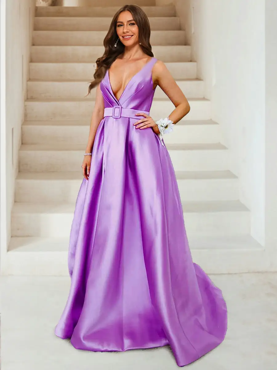 A-Line/Princess Deep V-Neck Ruched Evening Dresses with Belt & Pockets — view 1