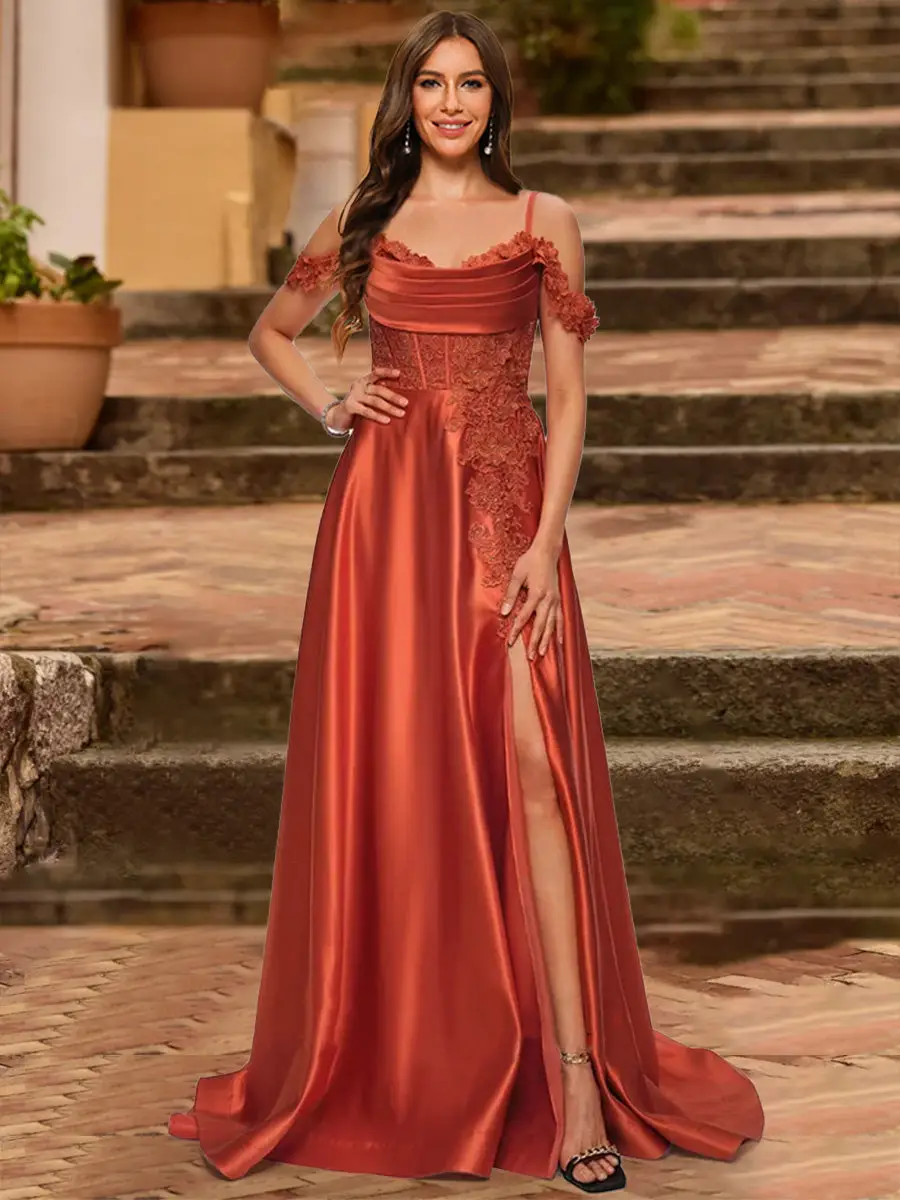 A-Line/Princess Cold Shoulder Short Sleeves Rhinestone Prom Dresses — view 1