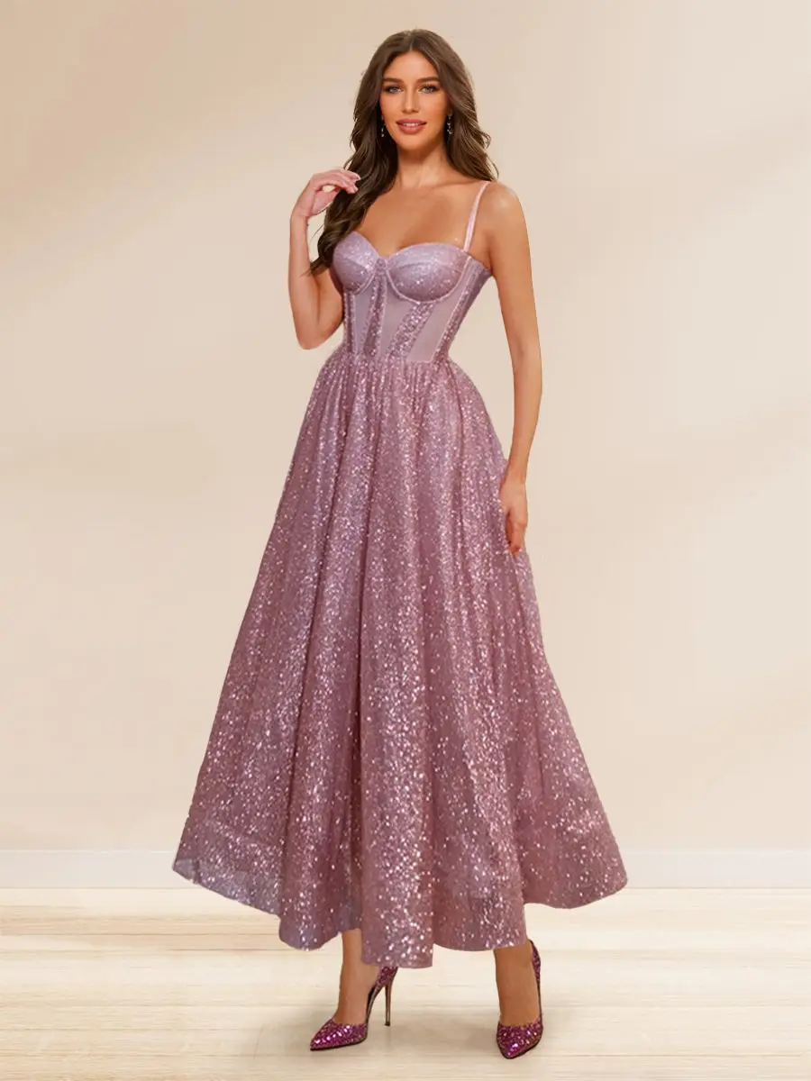 Sequin A-Line Spaghetti Straps Prom Dresses with Beadings — view 1