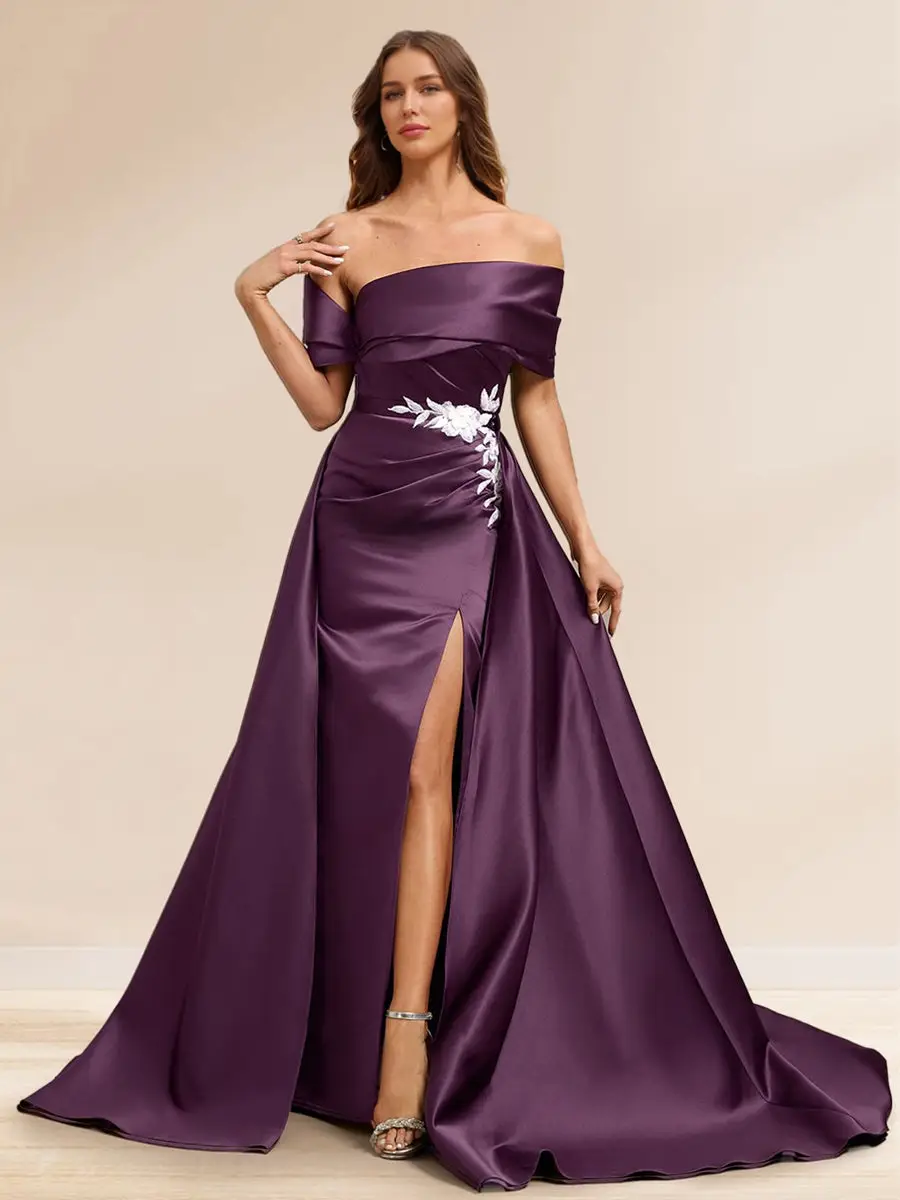 Sheath/Column Off the Shoulder Floor-Length Detachable Evening Dresses with Overskirt & Appliques — view 1