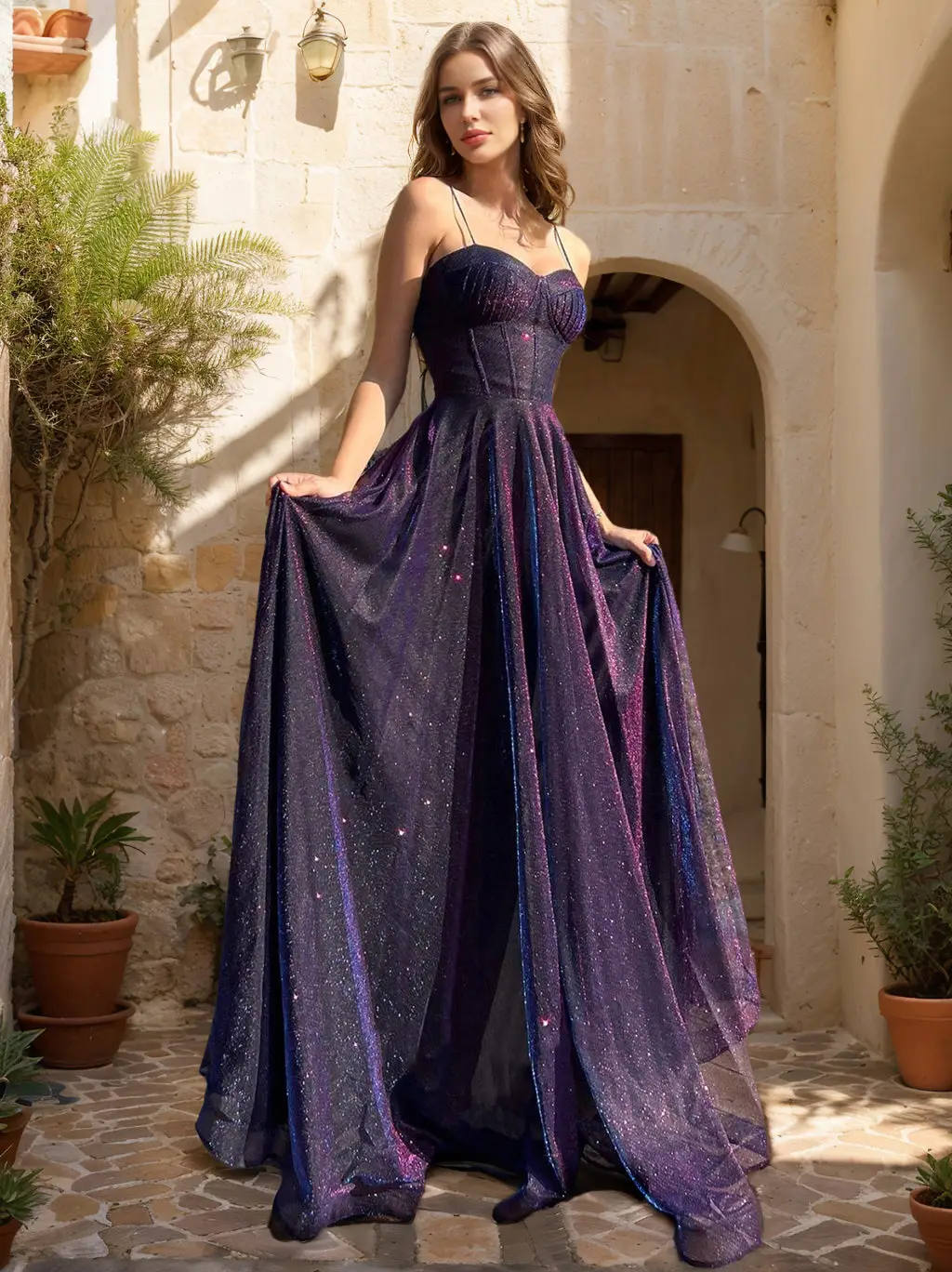 A-Line/Princess Spaghetti Straps Floor-Length Prom Dresses with Sequins — view 1