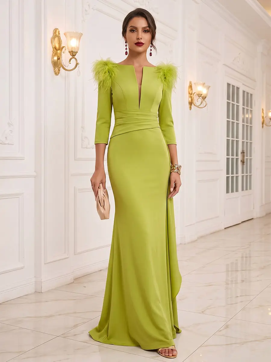 Trumpet/Mermaid 3/4 Sleeves V Neck Floor-Length Evening Dresses with Ruched & Ruffles — view 1