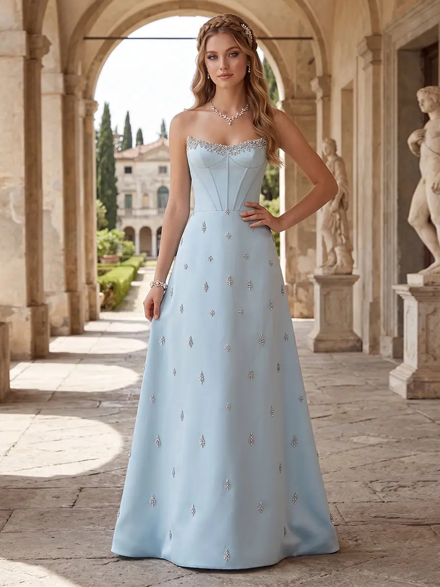 A-Line/Princess Strapless Sleeveless Floor-Length Evening Dresses with Embroidery & Rhinestone — view 1
