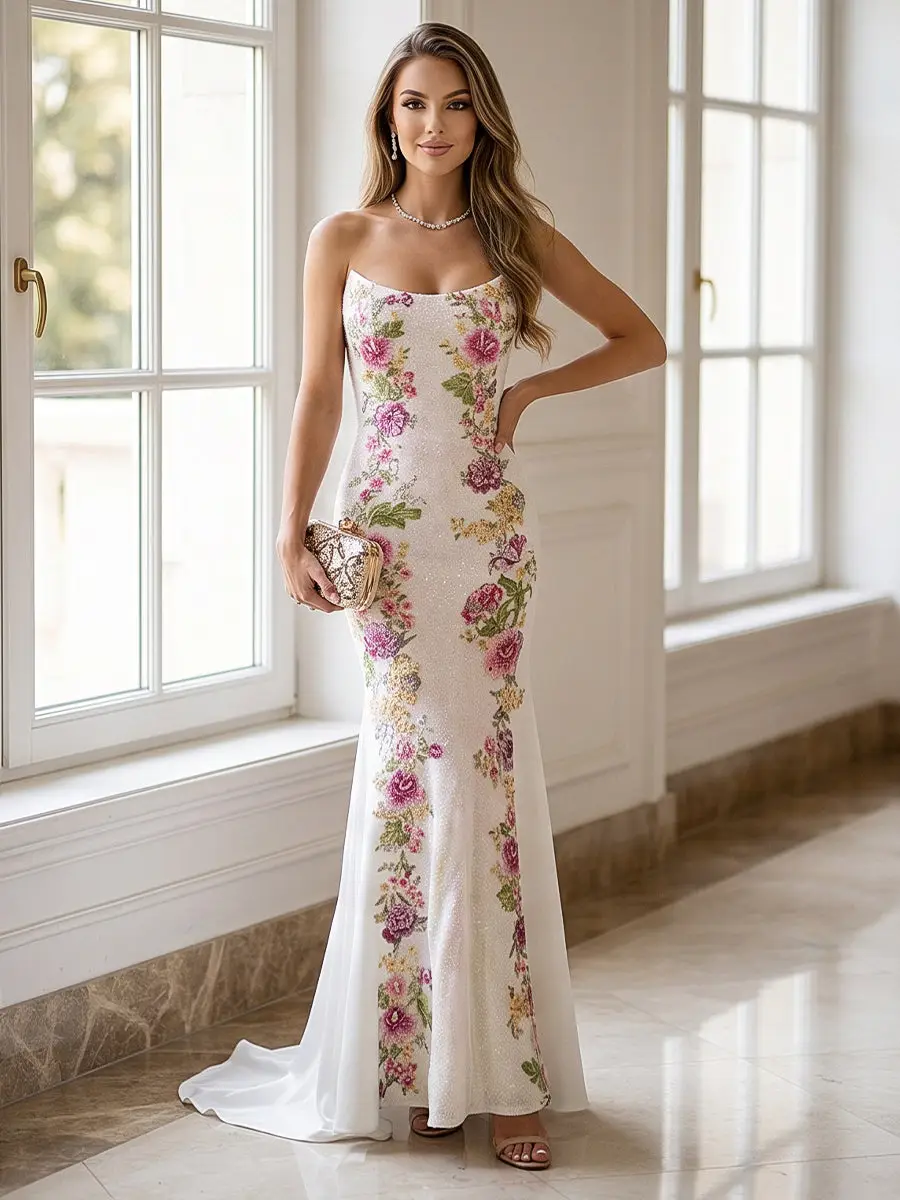 Trumpet/Mermaid Strapless Floor-Length Long Prom Dresses with Sequins — view 1