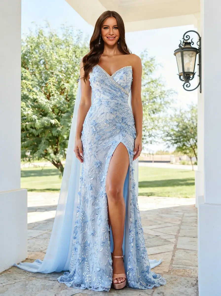 Trumpet/Mermaid One-Shoulder Sleeveless Long Prom Dresses with Appliques & Split Side — view 1