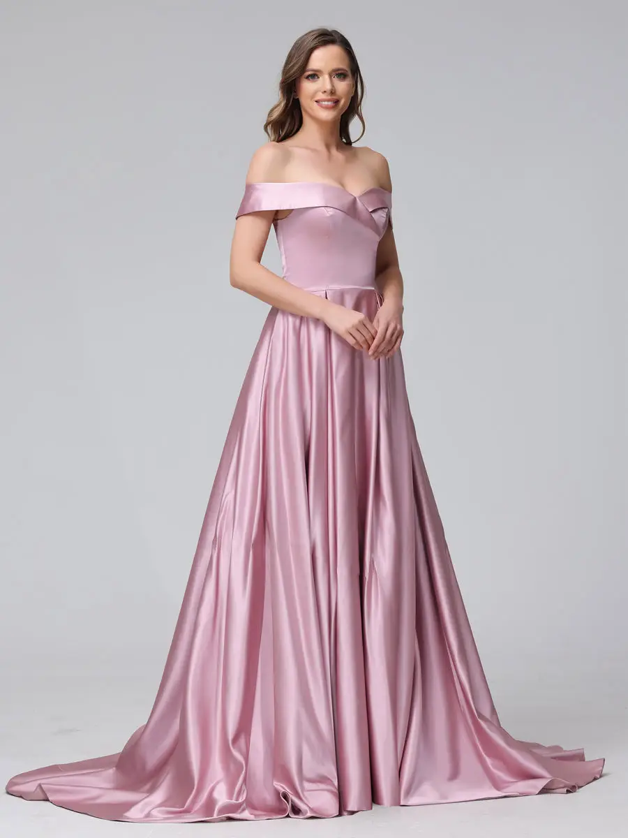 A-Line Off-the-Shoulder Long Satin Evening Dresses with Split Side & Pockets — view 1